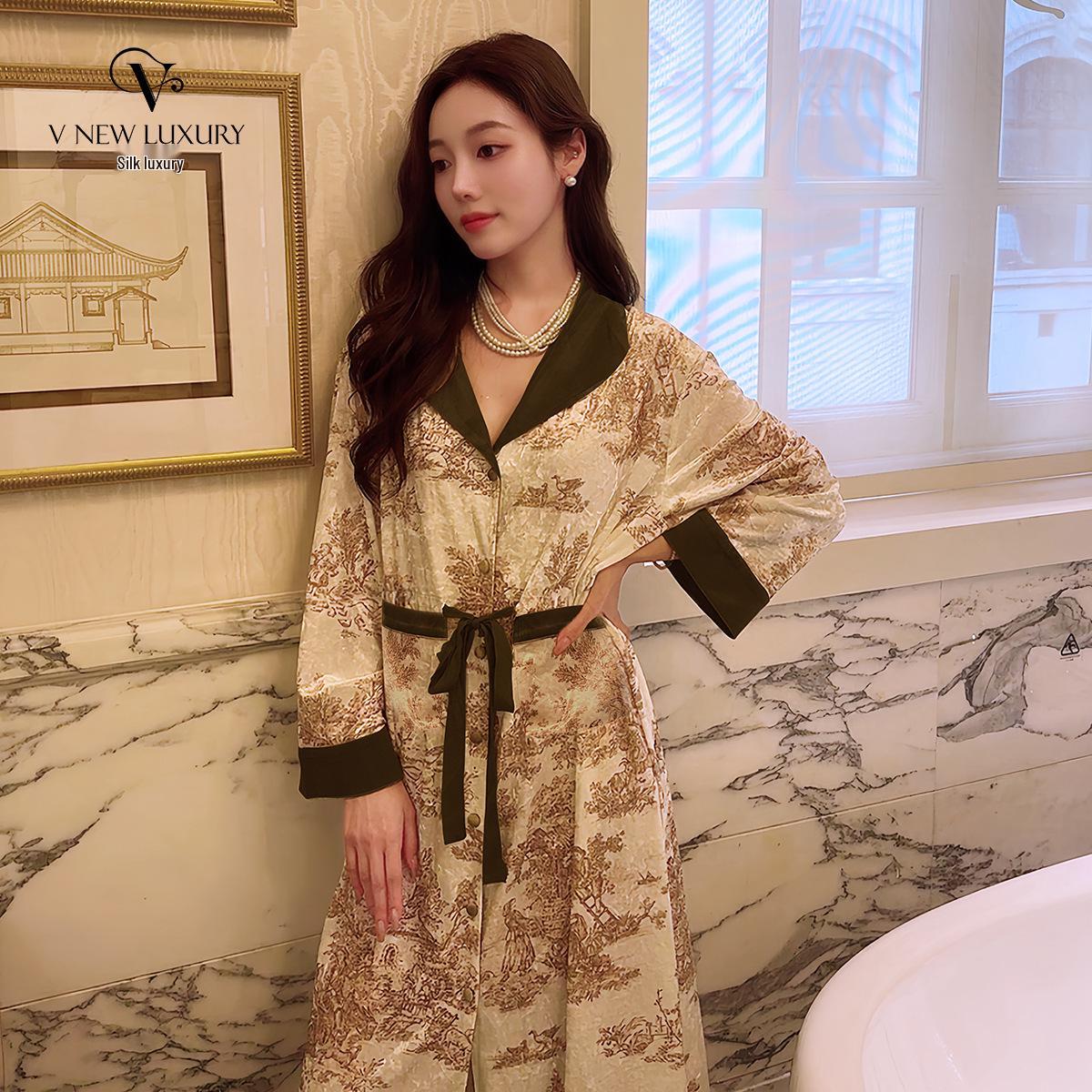 Шелковистый Блеск Женский Роскошный Золотой Бархатный Зимний Халат Пижама Medium