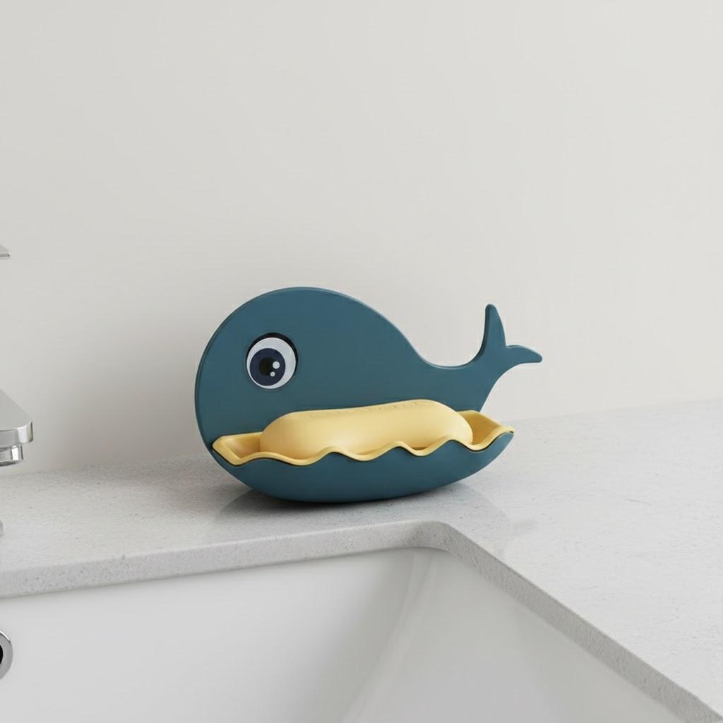 Настенная полка для мыла Двухуровневая мыльница Маленький кит Без сверления Аксессуары для ванной Комнаты Прочная мыльница темно-синий