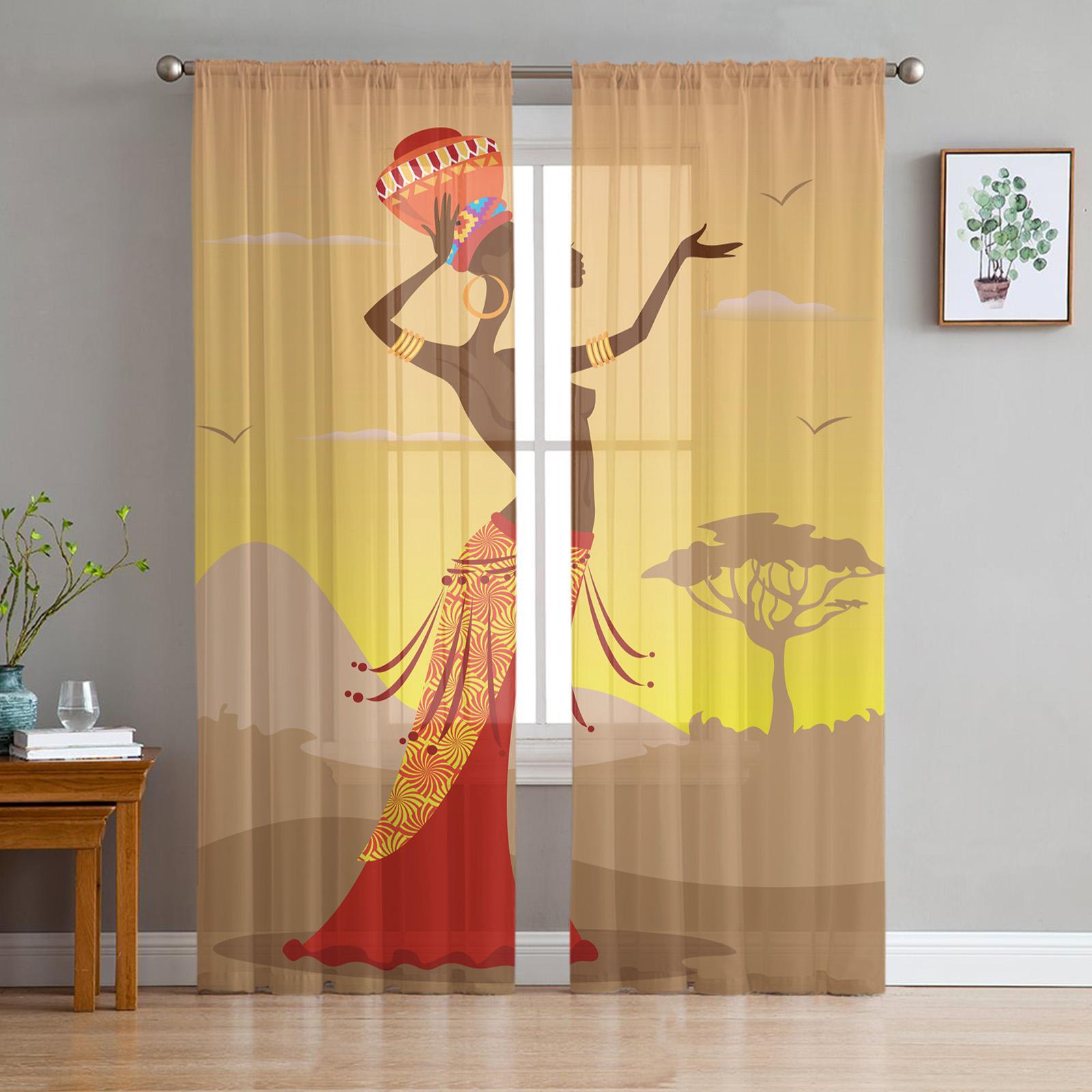 

African Black Women Soft Tulle Curtains For Living Room Bed Chamber Cooking Area Decoration Chiffon Transparent Transparent Fabric Window Drapes W135 x H115cm x1&Grommet Top