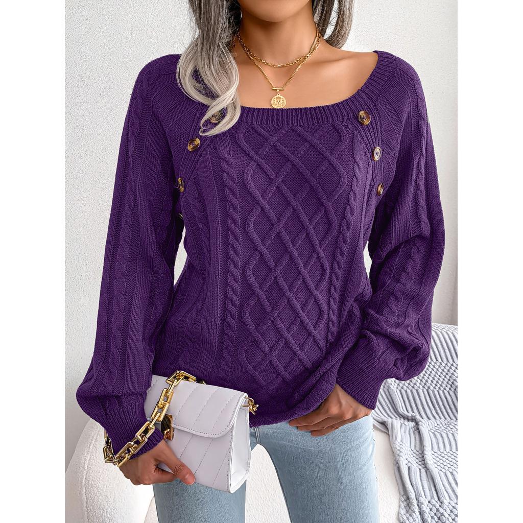 Women Casual Square Collar Buttons Long Sleeve Knitted Pullovers And Sweaters Plus Size