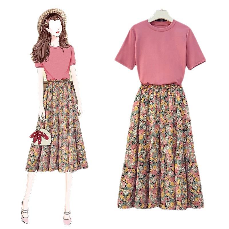 Cotton-containing Plus Size Women's Clothing for Fat Girls in Summer To Reduce Age and Cover The Flesh To Look Slimming Floral Skirt Two-piece Set