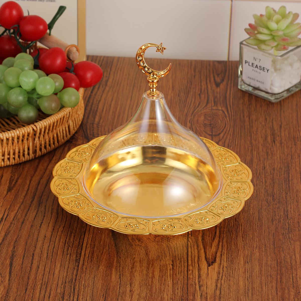 Gold Round Wrought Iron Dessert Plate with Lid and Acrylic Fruit Dish 20.5 x 17.5 cm