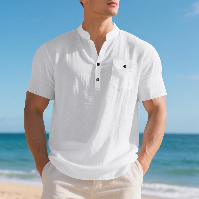 Linen Men's T-Shirt Loose-Fit Casual Workwear Commuter Menswear Short-Sleeved Henley Pocket Shirt