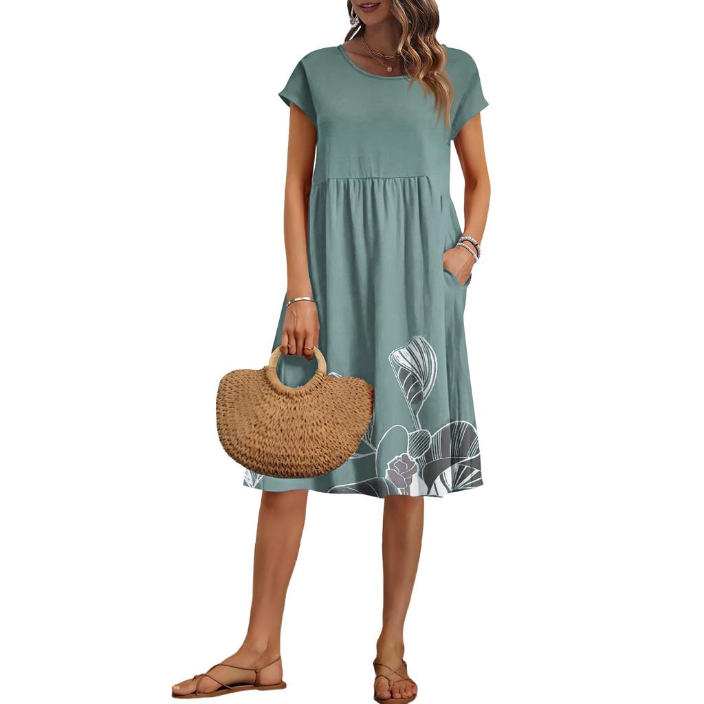Damen Sommer Mode Lässig Rundhals Kurzarm Blumenmuster Kleid
