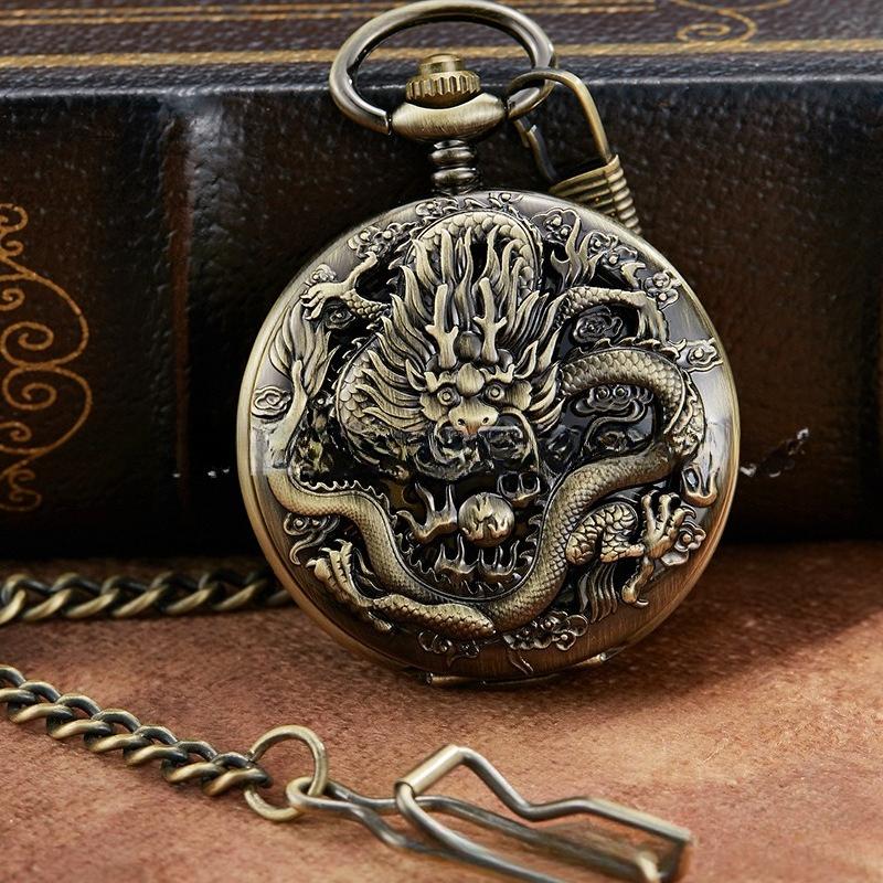 Hollow Through The Bottom Watch Personalized Pocket Watch Longfeng Chengxiang Mechanical Pocket Watch Bronze Retro Casual Pocket Watch Dragon Pocket