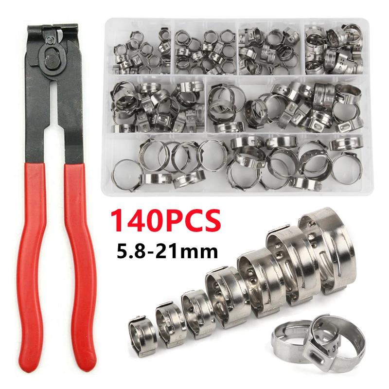 140pcs Single Ear Stepless Hose Clamps Or 1PC Hose Clip Clamp Pliers 7-21mm 304 Stainless Steel Hose Clamps Cinch Clamp Rings 1PC pliers