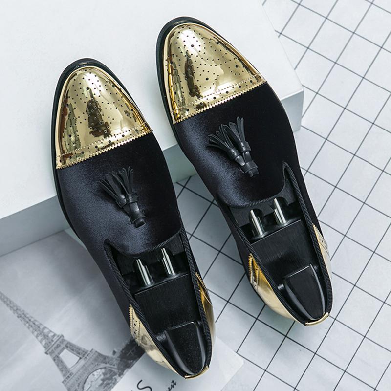 Britischer Gentleman Samt Patchwork Slipper Spitz Quaste Brogues Schuhe Herren Hochzeitskleid Abschlussball Formelles Schuhwerk Zapatos Hombre