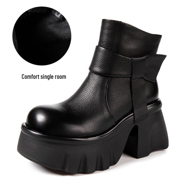 

Женские осенние ботинки челси на платформе Мартин 2025 - Натуральная кожа, Толстая подошва, Черные, До середины икры, На высоком каблуке. 39