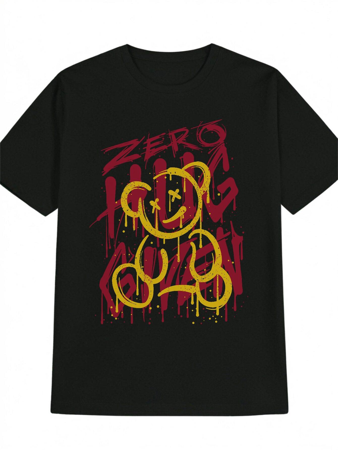 Casual Graphic T-shirt - Black with Yellow Abstract Print & Red Drip Design XXL