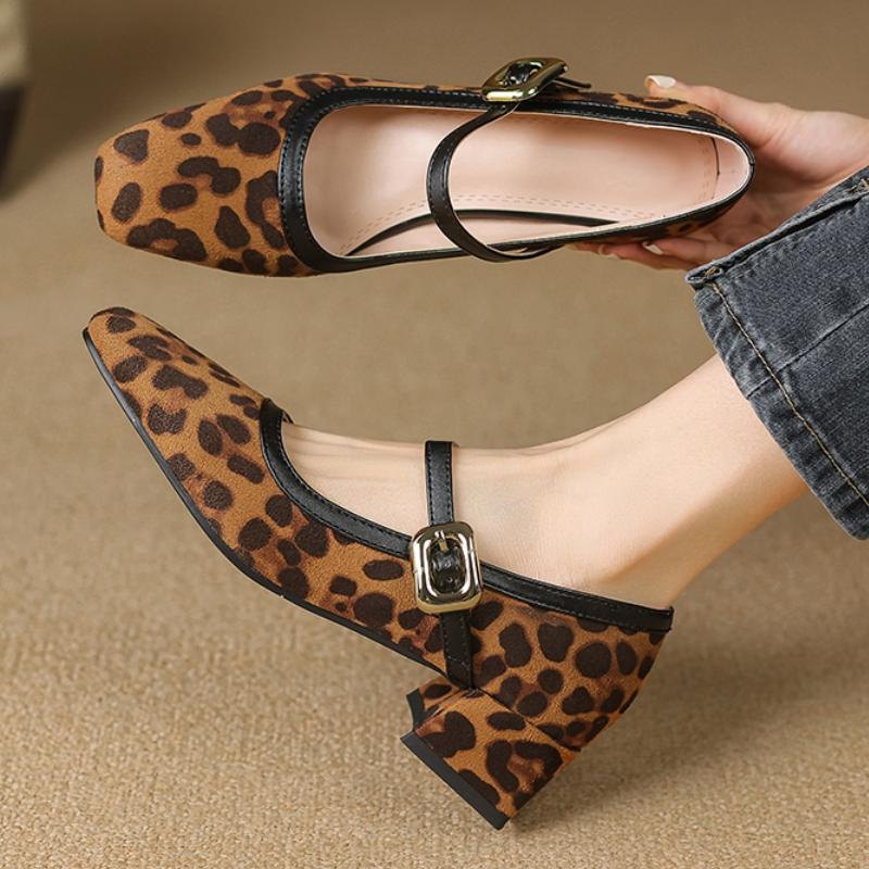 Women's Block Low Heels MaryJane Shoes Dress Pumps Strap Black Leopard Short Heeled Party Office Shoes Female Brand Comfortable