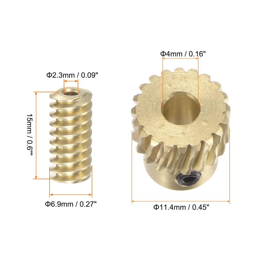 uxcell Brass Worm Gear Set, 0.5 Coefficient, 20T, 20:1 Reduction Ratio, 2.3mm Bore Diameter, Right-Hand Drive Gearbox Wheel Shaft Kit for Small Motors