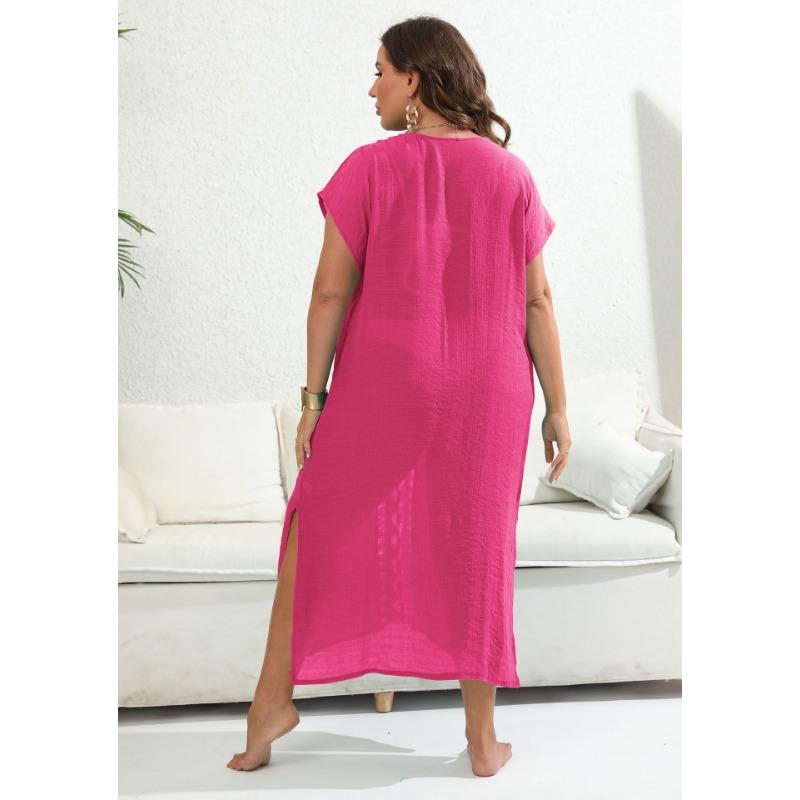 Strandkleid in Übergröße für Damen mit Klettverschluss, Kontrastfarben, tiefem V-Ausschnitt und Schlitz