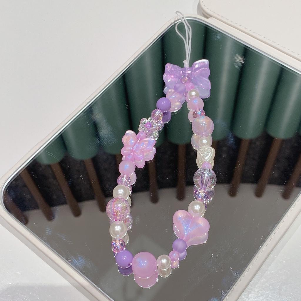 Cute Heart Beaded Bracelet Acrylic Colorful Bowknot Flower Butterfly Sweet Pearl Mobile Phone Shell Accessories Anti-Lost Chain