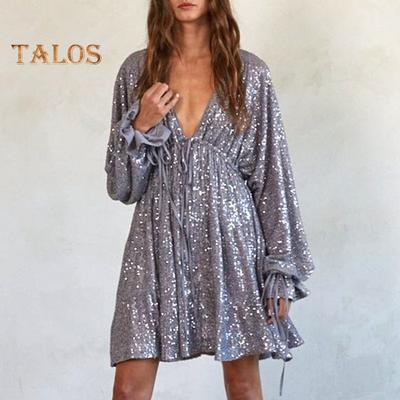 Lady Club Party Dress Deep V Neck Shimmering Sequin Loose Solid Color Long Sleeve Bow Lace-up Strap Slimming Look Mini Dress