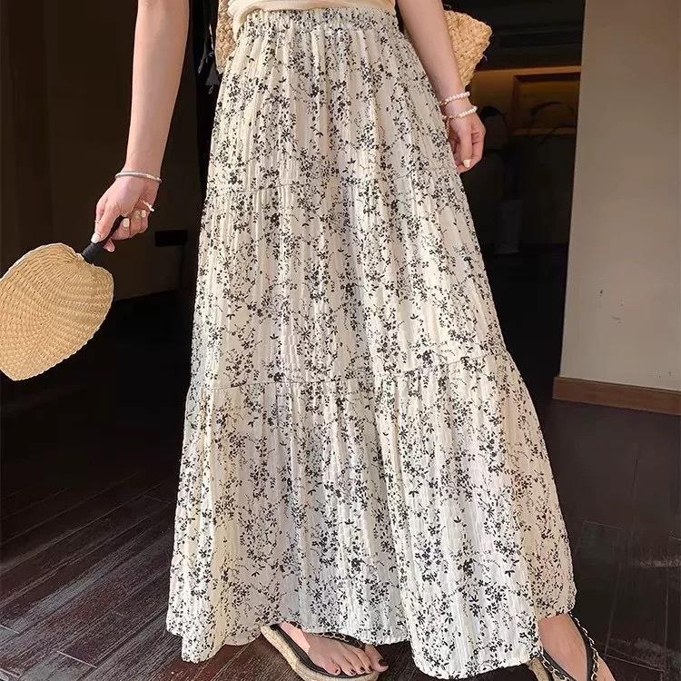 Chiffon Plissee Blumiger Rock für Damen Im Sommer Neu Retro Hängend Midilänge Große A-Linie Langer Rock