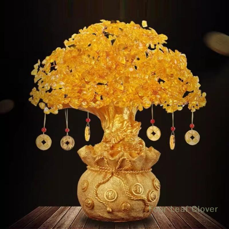 19cm 14cm Delicate Yellow Crystal Money Tree Ornament Home Office Shop Feng Shui Art Decoration Tabletop Lucky Wealth Tree