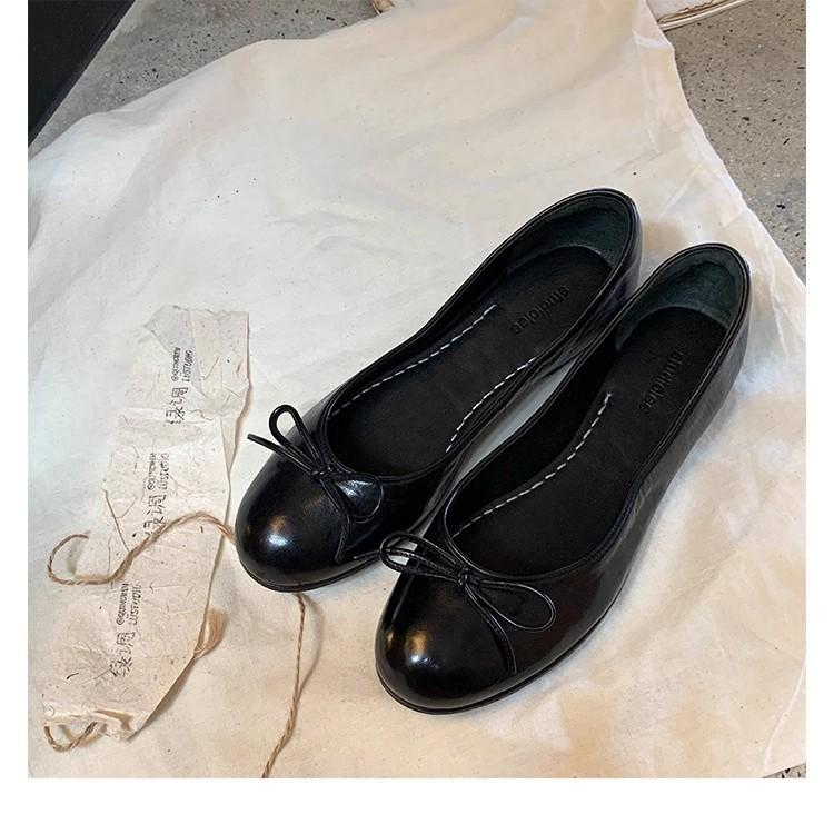 Grape Mother Of The Same Style, Oil Wax Horse Leather Ballet Shoes, Bow, Shallow Mouth, Not Tired Feet, Flat-Soled Single Shoes Women'S Egg Roll Shoes