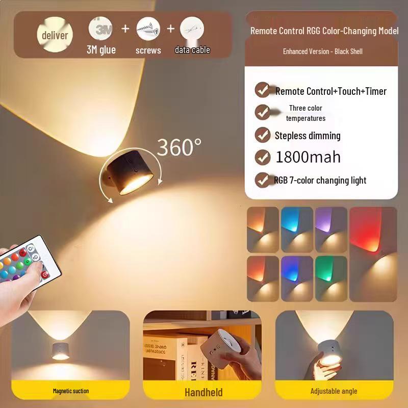 Rechargeable Wireless No-Drill Magnetic Bedside Reading Light with Remote Control