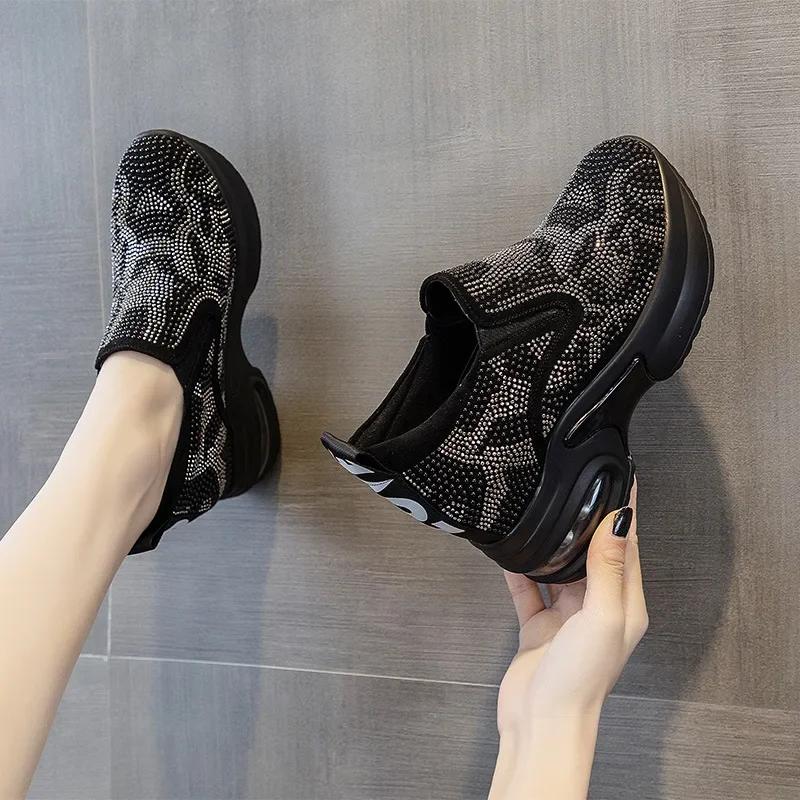 Fashion 2025 New Women's Casual Shoes with Increased Height Inside Thick-Soled Diamond Sports Running Shoes, White Sneakers and Wedges
