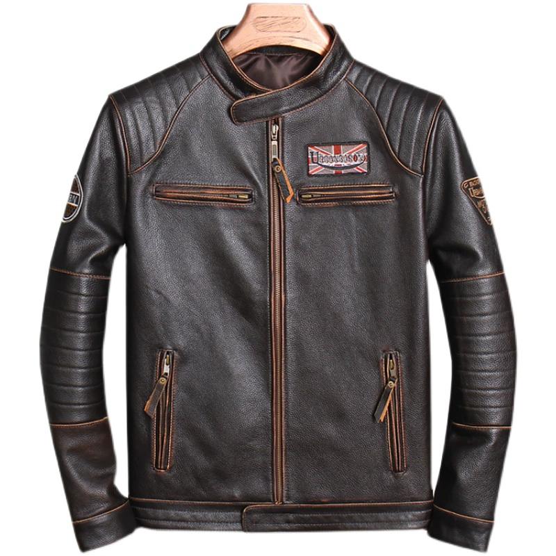 Męska kurtka motocyklowa vintage z prawdziwej skóry, dopasowana, ze stójką, kurtka motocyklowa, importowana skóra bydlęca licowa