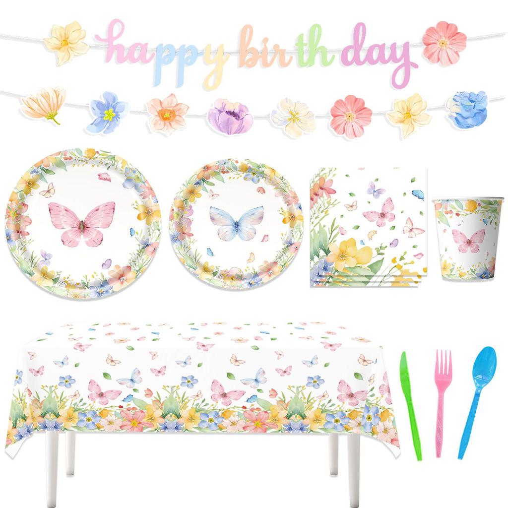 Pink Spring Butterflies Party Set: Tablecloth, Plates, Banner & Photo Props
