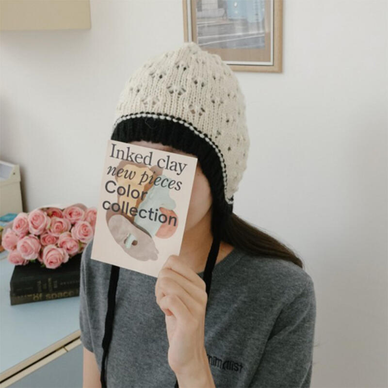 

Women s Beanie Embroidered Sweater Earflap Hat C8460_Black and White