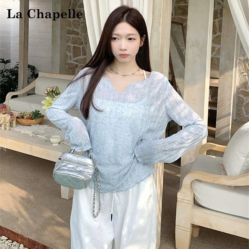 Camiseta de manga corta con cuello en V y volantes para mujer La Chapelle con protección solar
