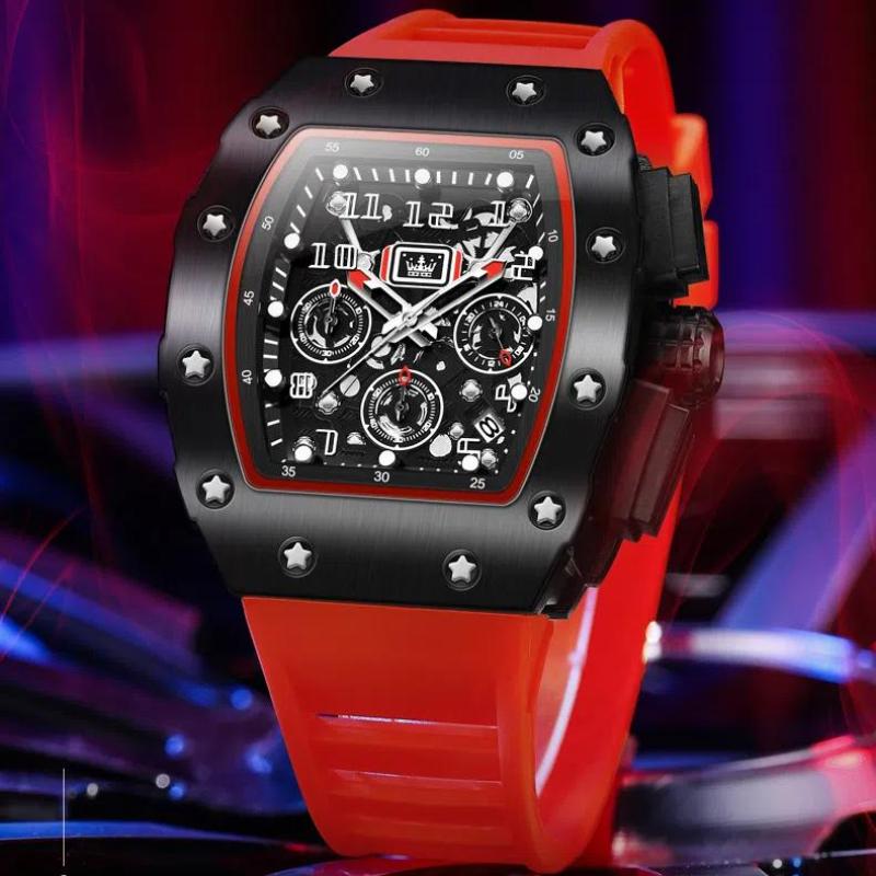 OLEVS Silikonarmband, wasserdichte Herren-Armbanduhr in Tonneau-Form, großes Zifferblatt, Sport-Quarzuhr, leuchtender Chronograph, Kalenderuhren