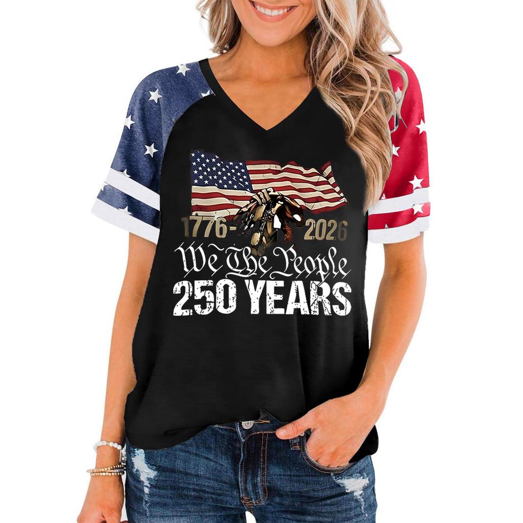 Women V Neck Short Sleeve Pullover T Shirt Casual Top with Graphic Print for Independence Day Celebration 1776 To 2026 Commemorative Design