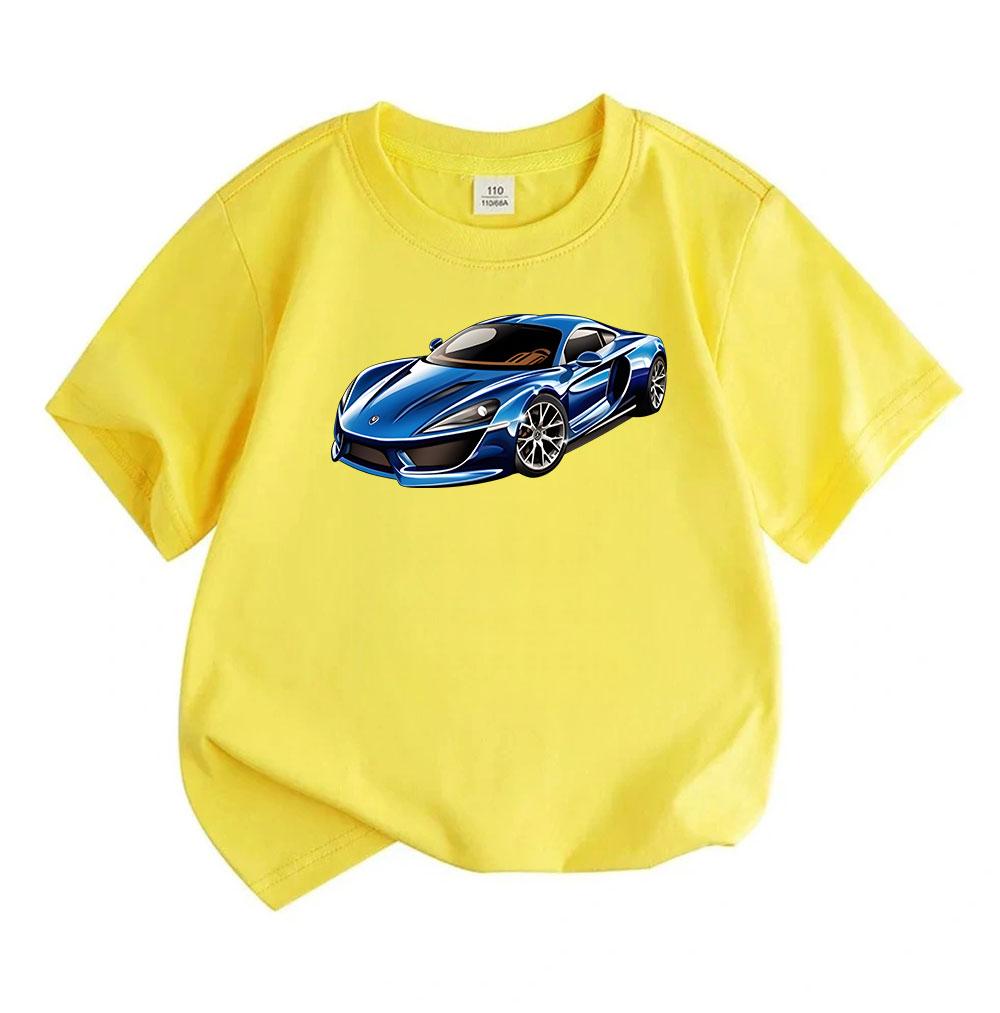 Kids Boys Girls Crew Neck Short Sleeve 100% Cotton T-Shirt, Cool Blue Sports Racing Super Car Print Casual Tees for Toddlers Children Daily Wear Summe