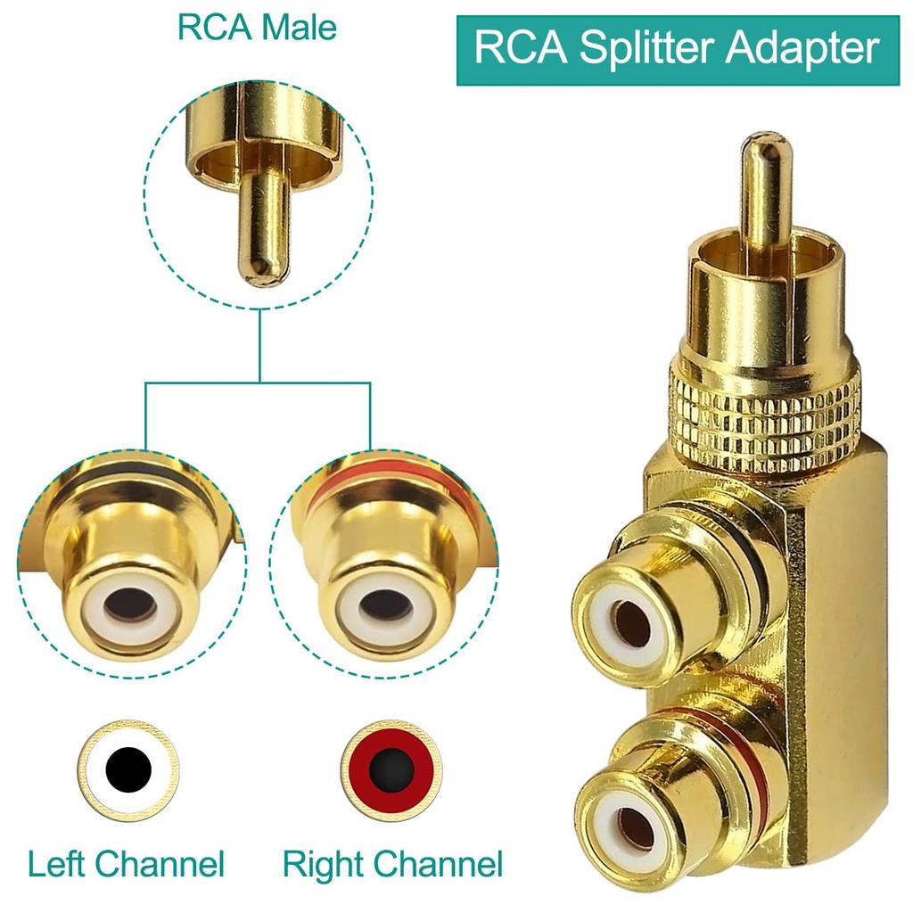 Xiatiaosann RCA Splitter RCA Male To 2 RCA Female Audio for Stereo Audio Phono Right Angle Jack for DVD Amplifier Speakers Car Set of 2 2-Way Adapter,