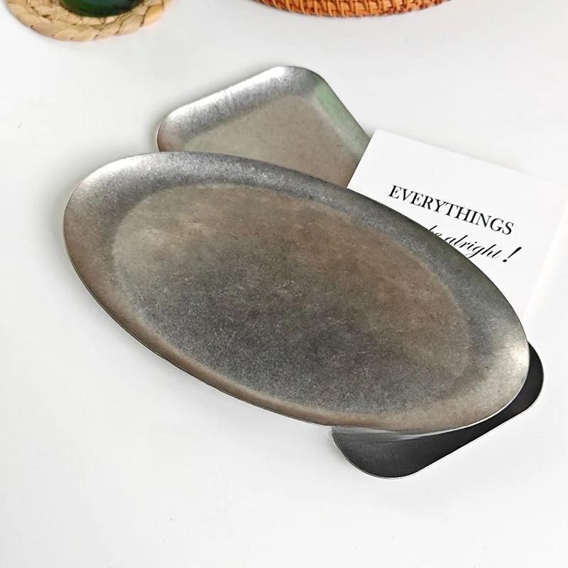Retro Stainless Steel Trays, Sushi Plates, Snack Plates, Pastry Plates, Oval Shallow Trays, Industrial-Style Tableware