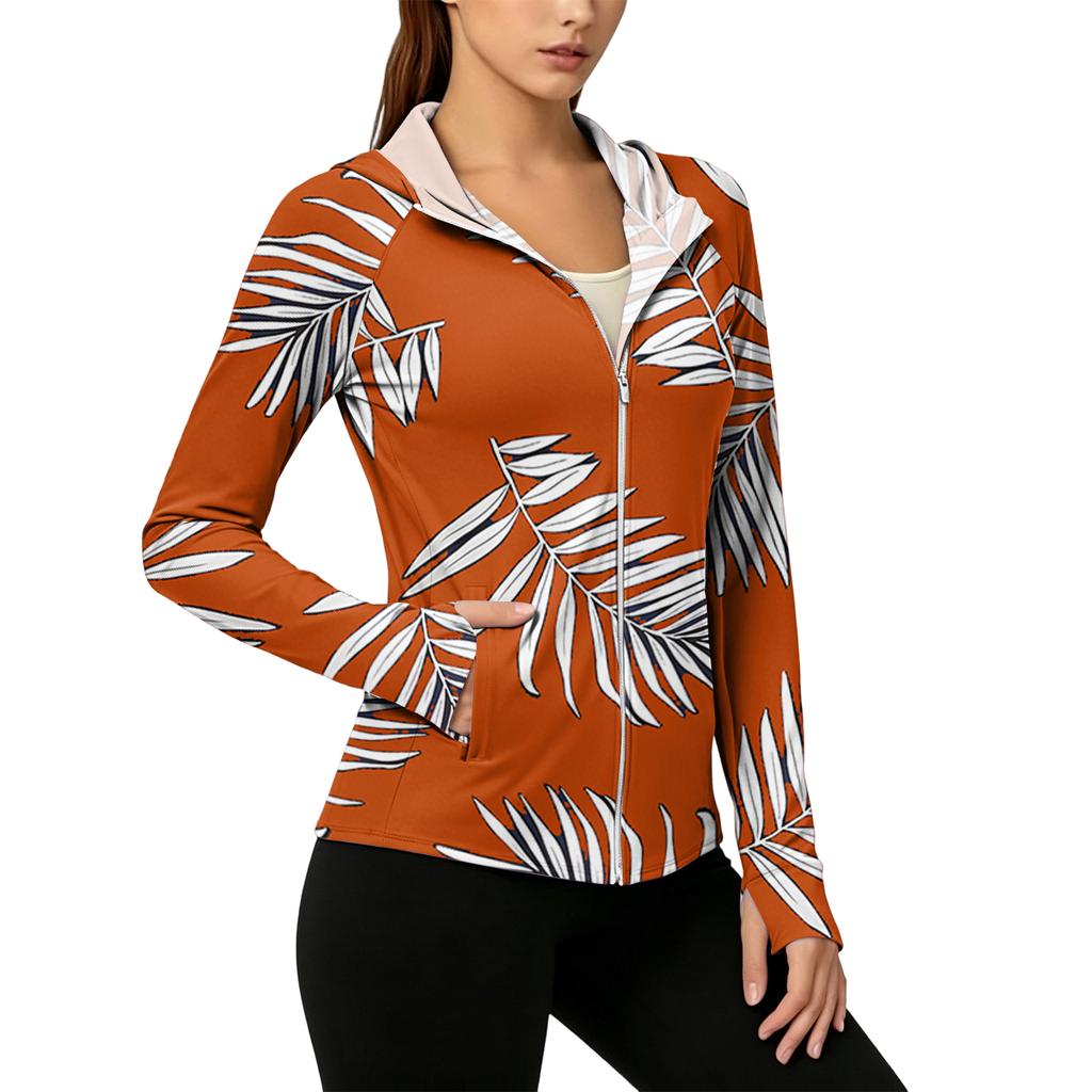 Women’s Zip Up Hooded Sun Jacket with Pockets Long Sleeve Lightweight Outerwear Tropical Print Design