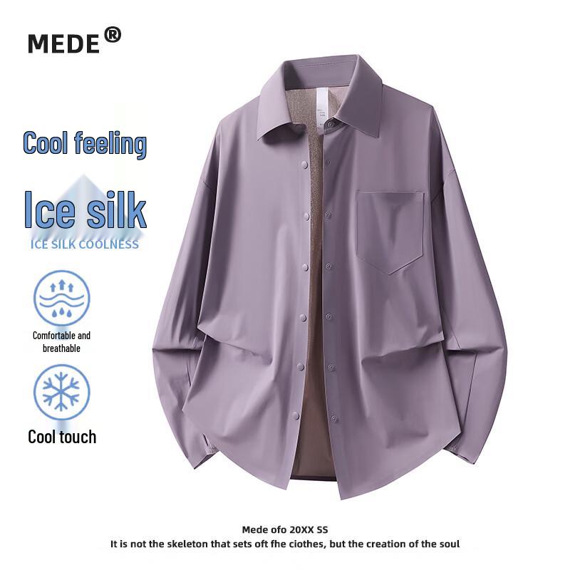 

MEDE Men s Ice Silk Lapel Long Sleeve Shirt L