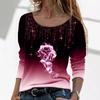 Spring Autumn Long Sleeved Loose Round Neck Casual Pullover Rose Print T-shirt for Women