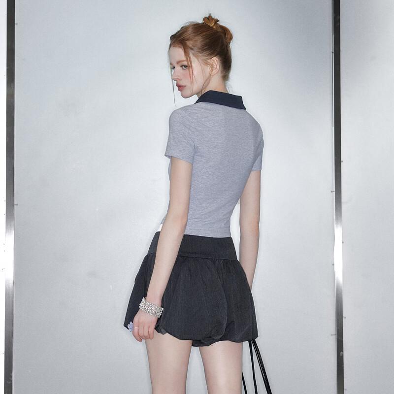 UNIFREE Women's Chic Slim Fit Color Block Lapel T-Shirt