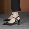 Fashion 2025 Summer Shoes for Women Thick High Heels Baotou Sandals Fashion Pointed Toe Soft Leather Solid Color Heeled Sandales Femmes