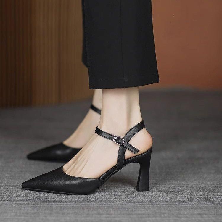 Fashion 2025 Summer Shoes for Women Thick High Heels Baotou Sandals Fashion Pointed Toe Soft Leather Solid Color Heeled Sandales Femmes