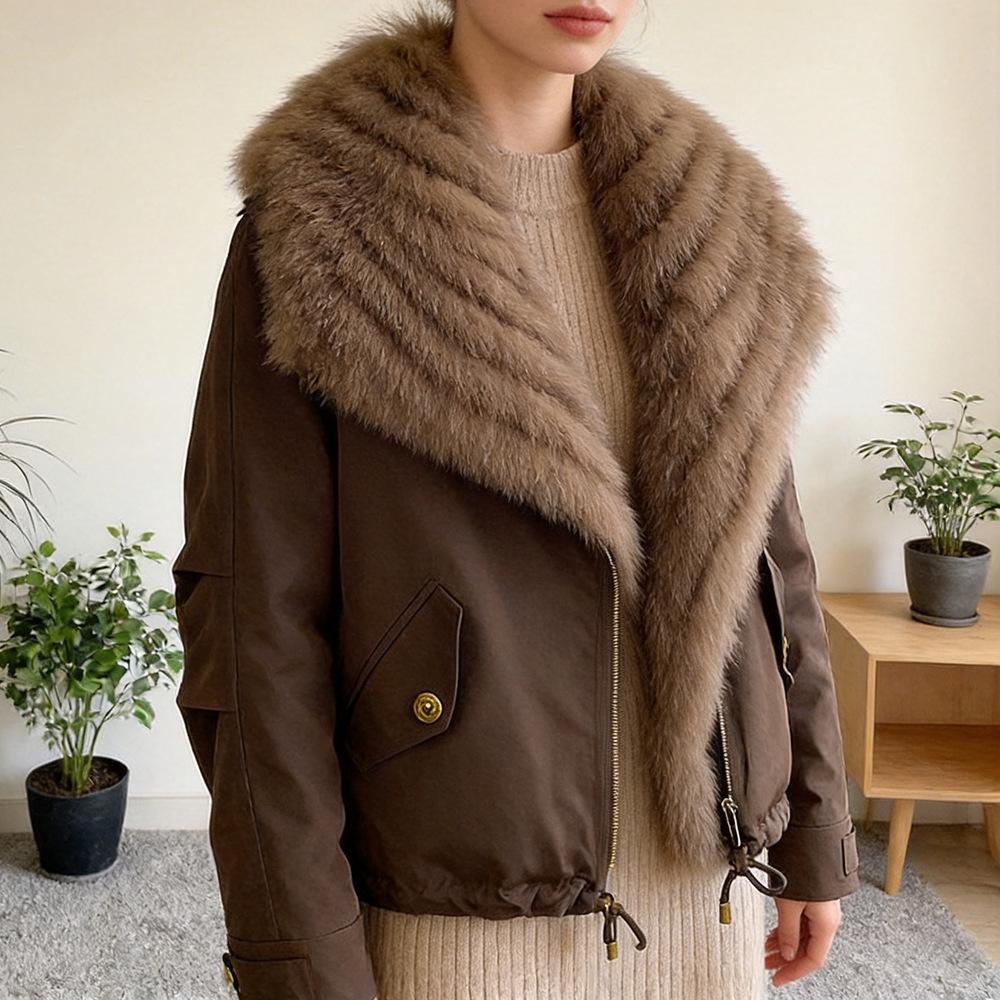 Women's White Duck Down Leather Coat with Fox Fur Collar and Lapel