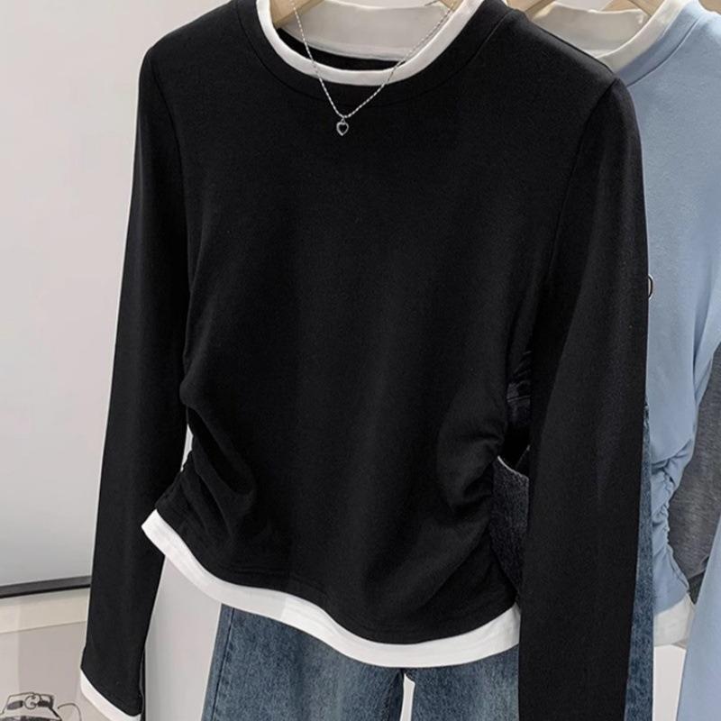 Spring New Round Neck Contrasting Fake Two Pieces Pleated and Thin Irregular Long Sleeves Women Small Age Reduction Trendy Cool