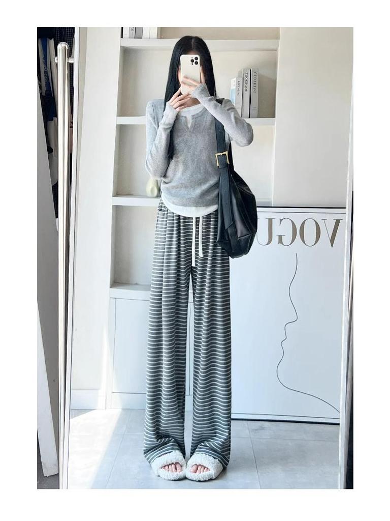 Women's High-Waisted Striped Drawstring Pants, Petite Size, Soft Wide-Leg, Perfect for Spring and Autumn