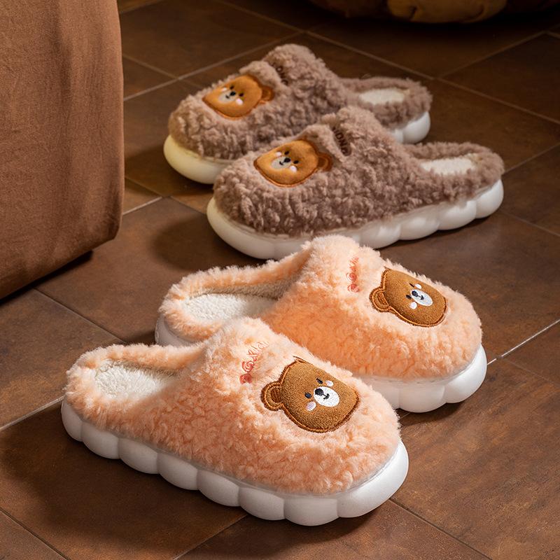 Home cotton slippers couple thick bottom non-slip warm cartoon bear design new home fluff mop