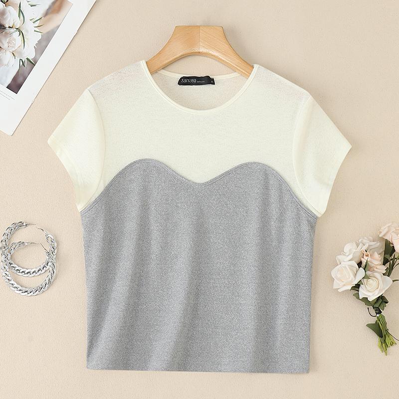 

ZANZEA Women Casual Round Neck Short Sleeve Summer Patchwork T-Shirts S сірий колір