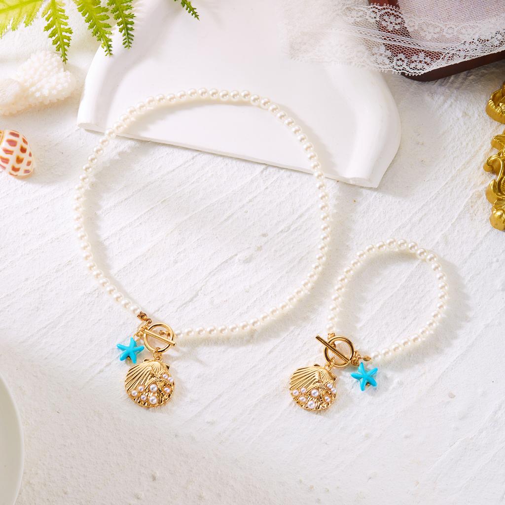 2pce/set Elegant Imitation Pearl Chain Necklace for Women Boho Blue Starfish Shell Pendant Necklace Bracelet Summer Party Gift