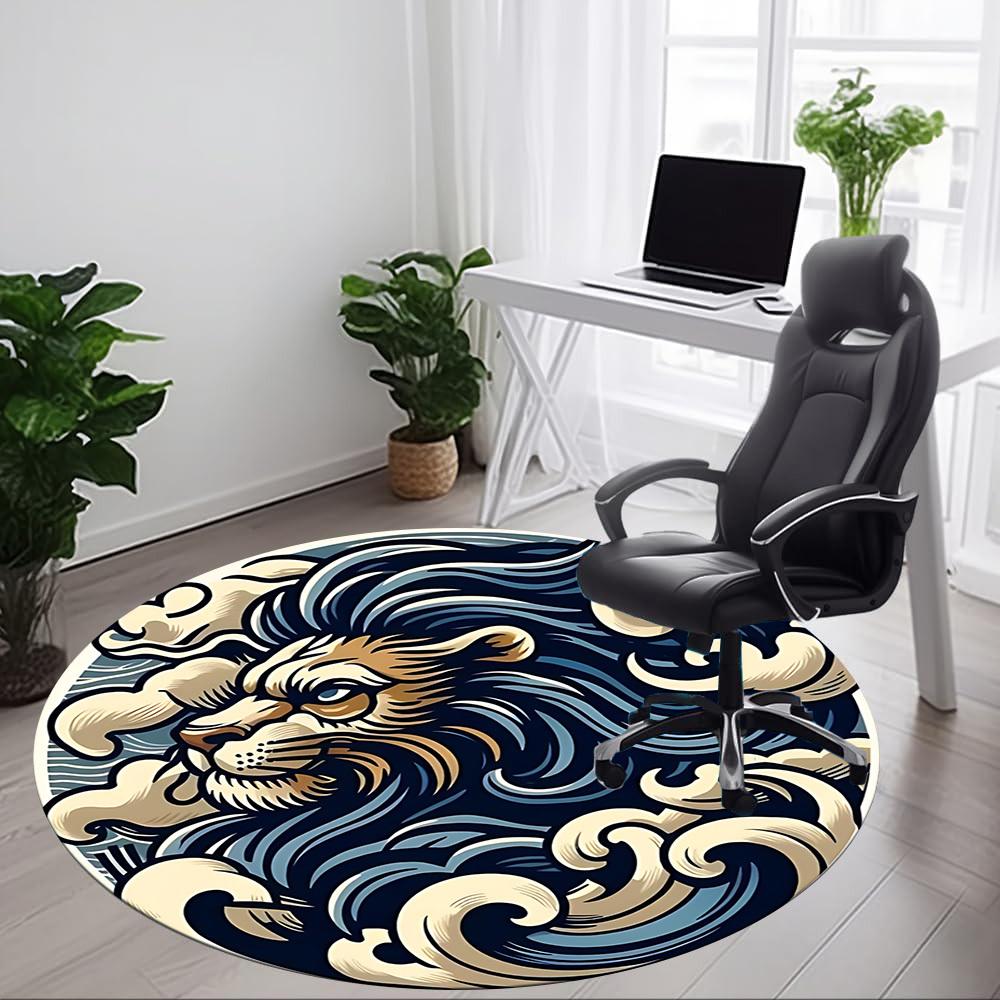 1pc Wave Lion Office Round Area Rug, Mat Suitable For Office, Under Office Chairs Bedroom Living Room Home Decor, Room Deco