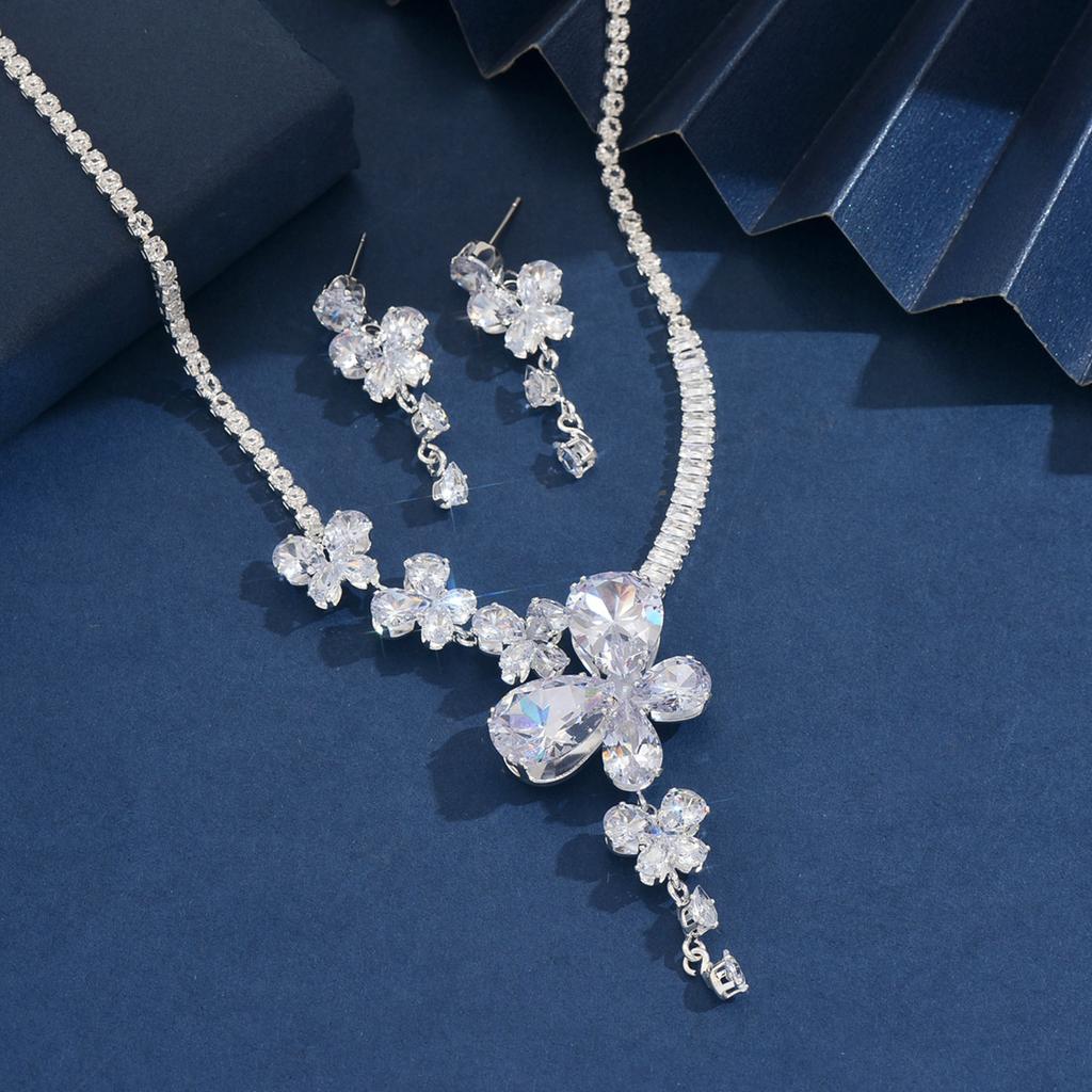Light Luxury Zircon Butterfly Flower Water Drop Necklace Earrings Set Personality Niche Temperament High-End Earrings Women