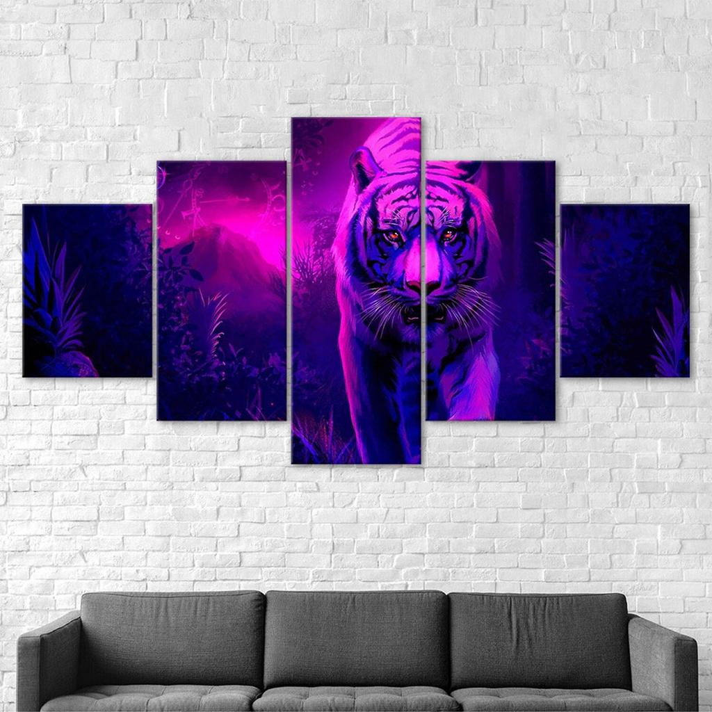 Mystic Tiger Purple Forest Scenery 5 Piece Five Panel Wall Canvas Print Modern Art Poster Picture Home Decor Gift For Him For Her