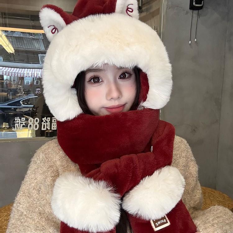 Cute plush hat with scarf integrated ear protection 2025 new three-piece set women's season warm and cold scarf