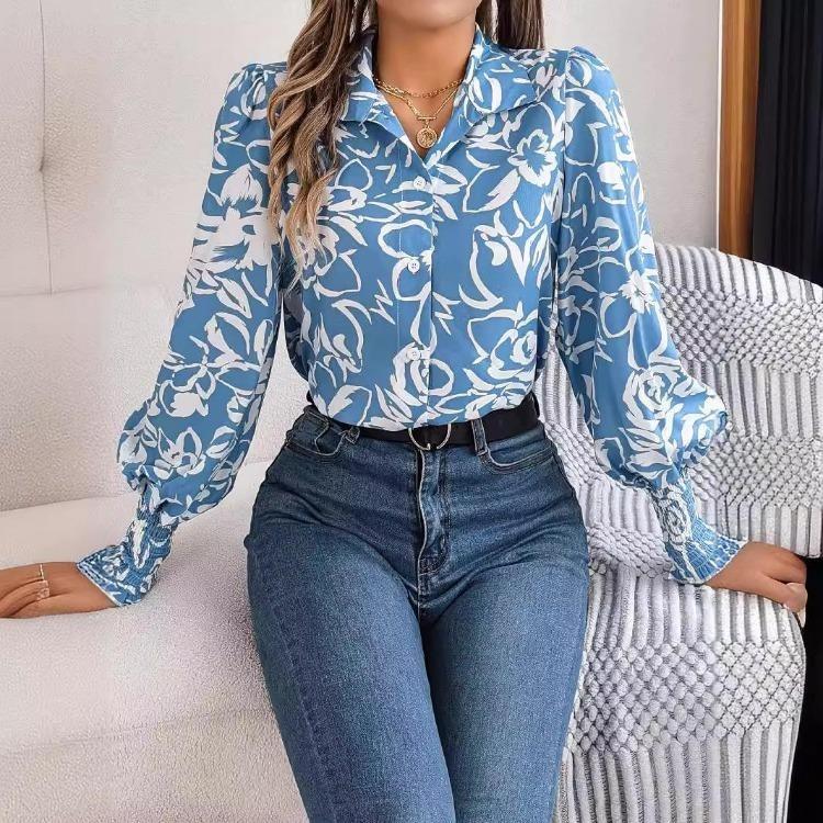 Elegant Floral Print Long Sleeve V Neck Blouse for Women Spring Autumn