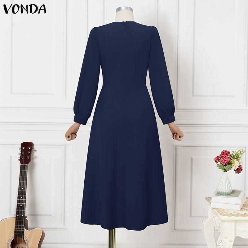 VONDA Elegant Women Casual  Round Neck Long Sleeve Front Pleated Long Swing Dress